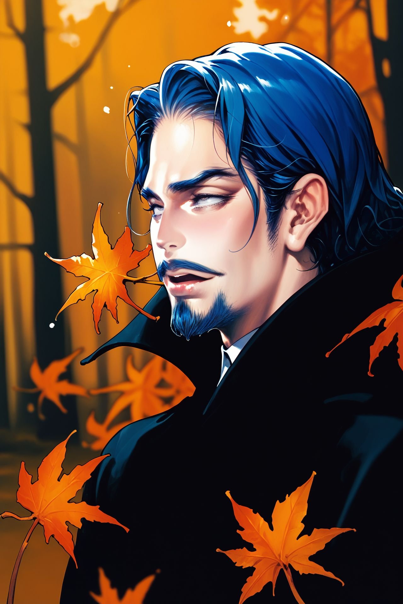 score_9, score_8_up, score_7_up, 1boy, torogao, dark_blue hair, thick beard, white eyes, autumn <lora:Kojima_Ayami_PonyXL_style_v01:1>