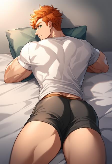 1boy, male focus, lying, on stomach, on bed, bed, pillow, shirt, male underwear, underwear, ass, thighs, muscular male, muscular, solo, looking at viewer, looking back, orange hair, green eyes, best quality, amazing quality, best aesthetic, absurdres, year 2023
