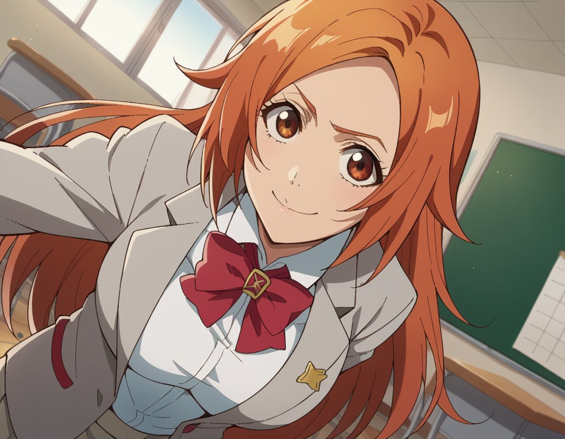 score_9, score_8_up, score_7_up, source_anime,inoueorihime, <lora:inoue-orihime-tybw-ponyxl-lora-nochekaiser:1>,inoue orihime, long hair, orange hair, brown eyes,school uniform, blazer, grey blazer, shirt, white shirt, collared shirt, bowtie, red bowtie,indoors, classroom, bent over, smile,looking at viewer, cowboy shot, dutch angle, solo,