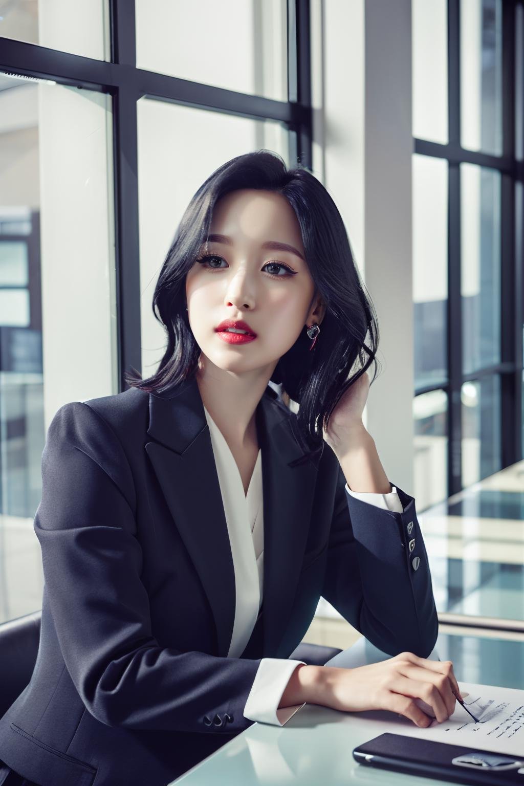<lora:Mina_BRA:1>, (a picture of Mina, office worker, suit, indoors, black hair, office), (detailed lighting, extremely detailed skin, extremely detailed hair, shadows, 8k), looking at viewer, (High Key Lighting), masterpiece, top quality, best quality, official art, unity 8k wallpaper, highres, ultra-high res, ultra-detailed, beautiful and aesthetic