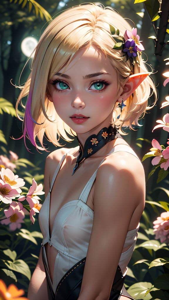 (best quality, masterpiece, colorful, highest detailed) upper body photo, fashion photography of cute (1girl), green eyes, blonde, hair ornament, short hair, blush, lipstick, slim, slim body, perfect detailed face, naughty face, detailed eyes, ((fantasy forest)), ((small flowers around)), detailed legs, barefoot, ((dark night)), ((darkness)), elf ears, ideal bobtail, magic flowers, ((small moon)), dim colors