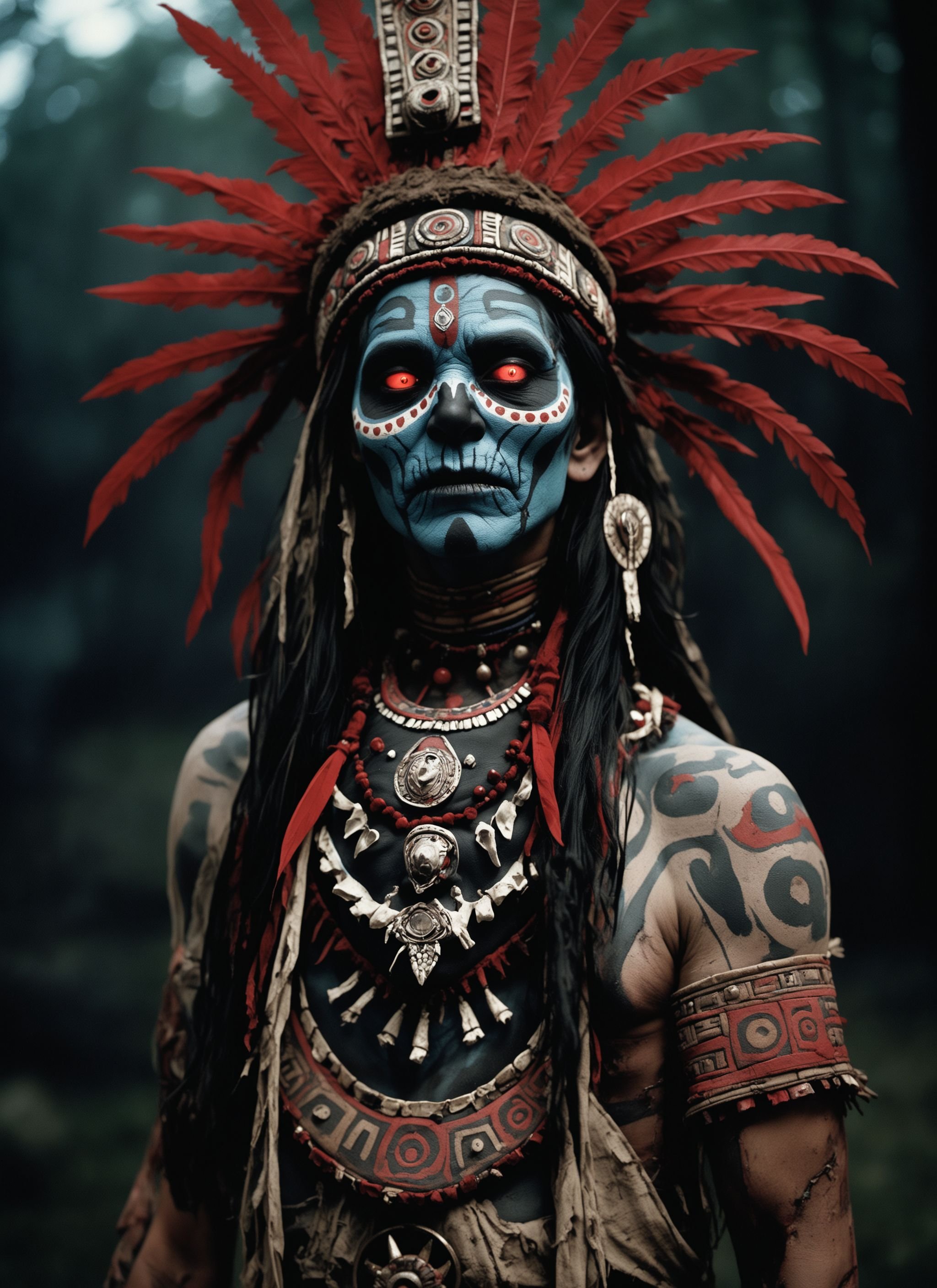 Medium format film photography, (Sinister Aztec demon shaman zombie:1.2), Dynamic composition, Gruesome face paint, Elaborate headdress, (Tattered garments:1.3), Glowing red eyes, Mystic aura, (Dark ritual setting:1.2), Captured with a Hasselblad 500C/M, 80mm f/2.8 lens, Enigmatic shadows, Eerie atmosphere, Cinematic details