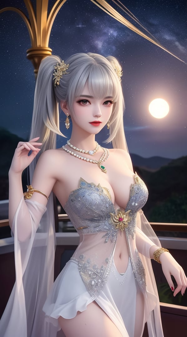 (,1girl, ,best quality, ),looking at viewer, <lora:380-DA-武动乾坤-林青檀:0.8> ,, ,masterpiece(,1girl,night, starry sky, milky way,outdoors, full moon,  night sky, darkness,  world of darkness, , ) ,ultra realistic 8k cg, flawless, clean, masterpiece, professional artwork, famous artwork, (( , )),, , (rich:1.4), prestige, luxury, jewelry, diamond, gold, pearl, gem, sapphire, ruby, emerald, intricate detail, delicate pattern, charming, alluring, seductive, erotic, enchanting, hair ornament, necklace, earrings, bracelet, armlet,halo((, )), (), 1girl, solo, , , , , twintails, thighhighs, bow, ,silver hair,  