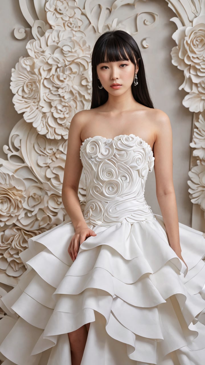 black hair,1asian girlbangs,The image showcases a woman in a white,voluminous gown that appears to be made of layered,ruffled fabric. The gown has a unique design with multiple tiers of cascading ruffles,giving it a sculptural and artistic appearance. The woman is seated against a backdrop of intricately designed,white,swirling patterns,which seem to be made of paper or fabric.  looking to the side, The overall ambiance of the image is serene and elegant,with a touch of avant-garde design.,dress,solo,closed eyes,long hair,bare shoulders,white dress,strapless dress,strapless,fine art parody, <lora:add-detail-xl:0.6>  <lora:DetailedEyes_V3:0.8>