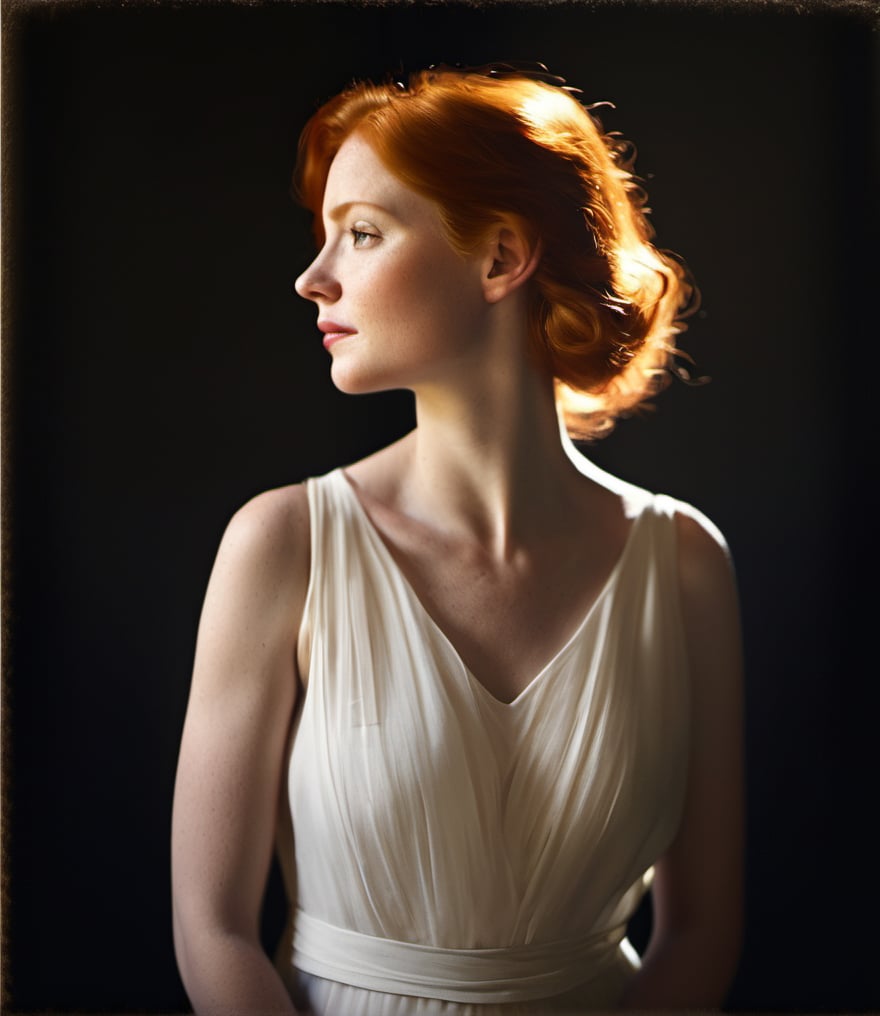 ,This is a portrait of a woman basking in a beam of light,redhead,in profile,white dress,serene expression,vintage look,soft texture,dark background,natural lighting,20s,Caucasian,minimalistic composition,high quality,<lora:真实大模型-000001:0.4>