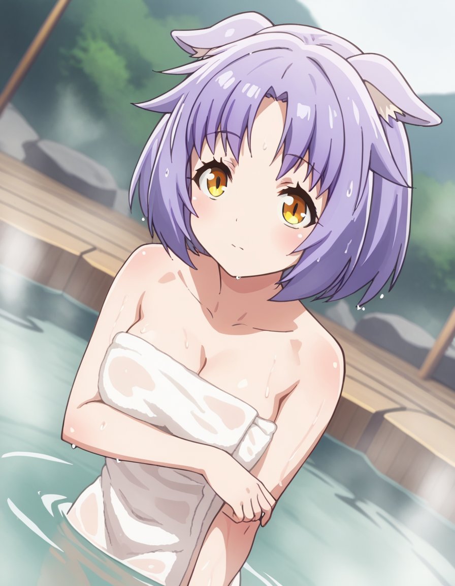 score_9, score_8_up, score_7_up, source_anime,nekoparacinnamon, <lora:nekopara-cinnamon-s1-ponyxl-lora-nochekaiser:1>,cinnamon, short hair, animal ears, yellow eyes, purple hair, cat ears,nude, naked, cleavage,outdoors, onsen, towel, naked towel, steam, bathing, nude cover, partially submerged, water, bath, steam censor, wet towel,looking at viewer, solo, cowboy shot, dutch angle,