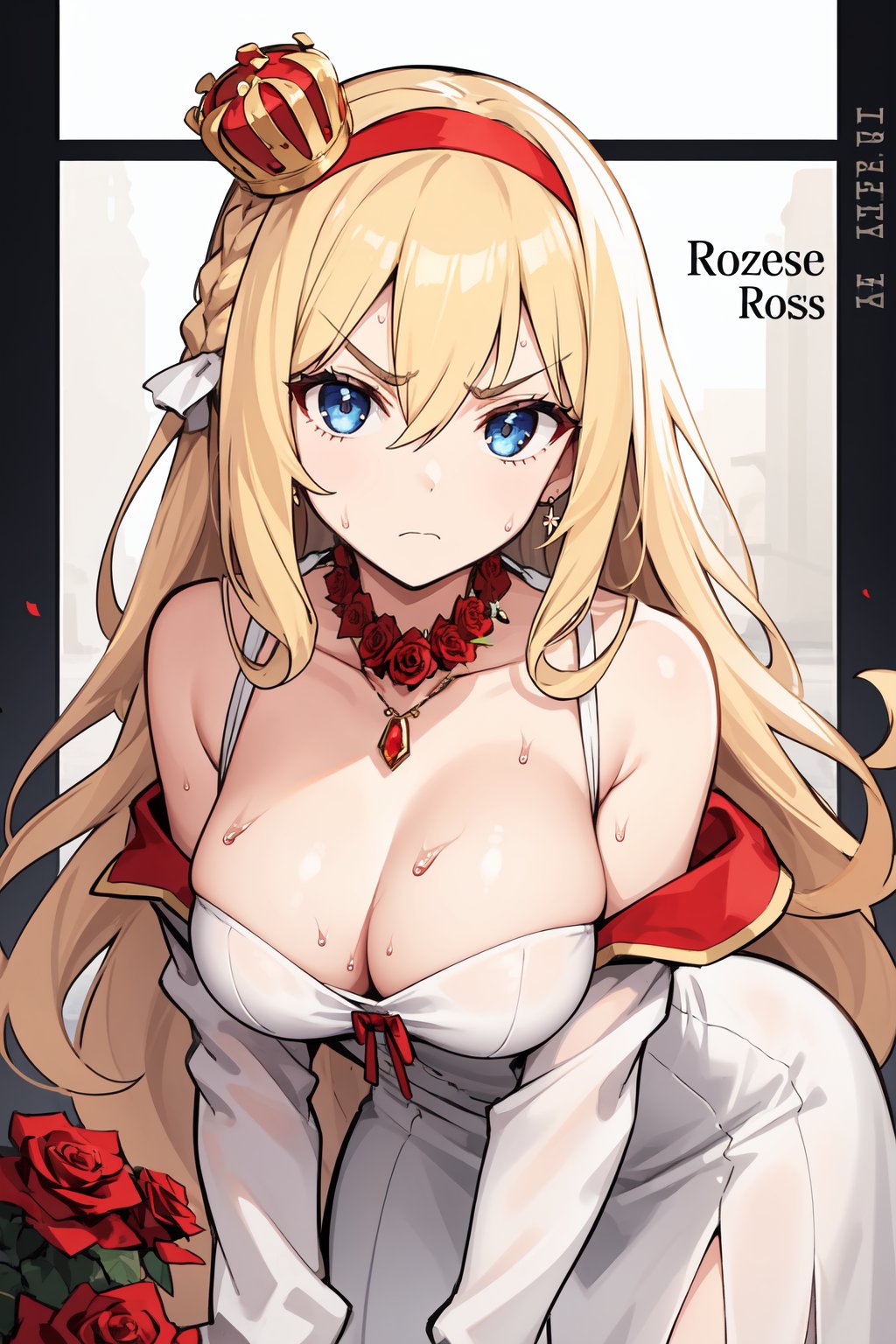 1girl, , 3:, bare shoulders, blonde hair, blue eyes, braid, breasts, character name, cleavage, crown, cursive, dress, english text, flower, french braid, frown, hair between eyes, hairband, jewelry, large breasts, leaning forward, long hair, long sleeves, mini crown, necklace, off shoulder, red flower, red ribbon, red rose, ribbon, rose, solo, sweat, v-shaped eyebrows, white dress, 