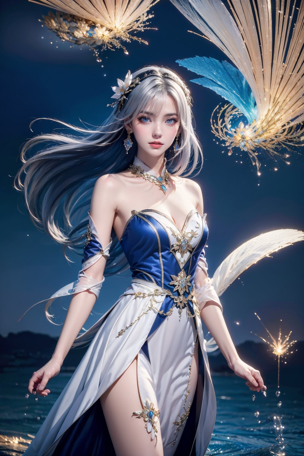 <lora:AgainRealistic_v2.0:1>, AgainRealistic_v2.0, 1girl, solo, water, long hair, breasts, looking at viewer, blue eyes, hair ornament, bare shoulders, dress, jewelry, parted lips, white hair, earrings, fireworks, cleavage, hairband, detached collar, detached sleeves, medium breasts, hair flower, flower, hair between eyes, cowboy shot, lips, blue dress, standing, sky, realistic, strapless dress, grey hair, night, artist name, strapless, watermark