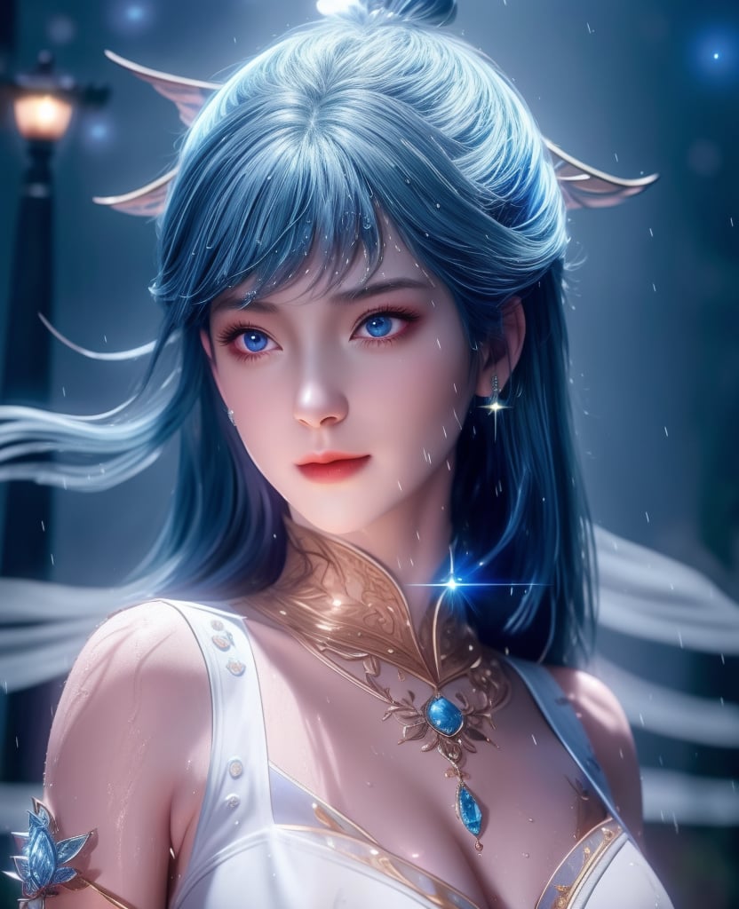 <lora:斗罗大陆-唐舞桐-海神缘:0.8>　　1girl, solo, blue hair, blue eyes, hair ornament, sparkle, looking at viewer,  (,1girl, ,best quality, ),looking at viewer, ,ultra detailed 8k cg, ultra detailed background,  ultra realistic 8k cg,          cinematic lighting, cinematic bloom, (( , )),,  , unreal, science fiction,  luxury, jewelry, diamond, pearl, gem, sapphire, ruby, emerald, intricate detail, delicate pattern, charming, alluring, seductive, erotic, enchanting, hair ornament, necklace, earrings, bracelet, armlet,halo,masterpiece, (( , )),,  ,cherry blossoms,(((, night,night sky,lamppost,  ultra high res, (photorealistic:1.4), raw photo, 1girl, , rain, sweat, ,wet, )))(( , ))   (cleavage), (),