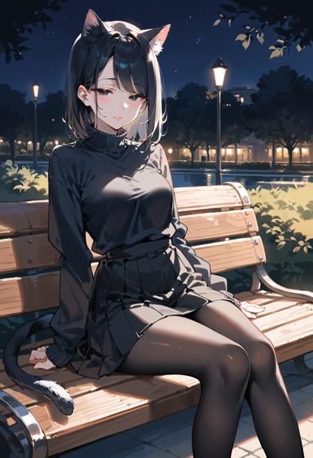 score_9, score_8_up, score_7_up, best quality, source_anime BREAK, 1girl, cat girl, cat ears, cat tail, black eyes, half-closed eyes, black hair, medium hair, black skirt, black shirt, swept bangs, park, bench, sitting, feet out of frame, black pantyhose, night, dark, shadow