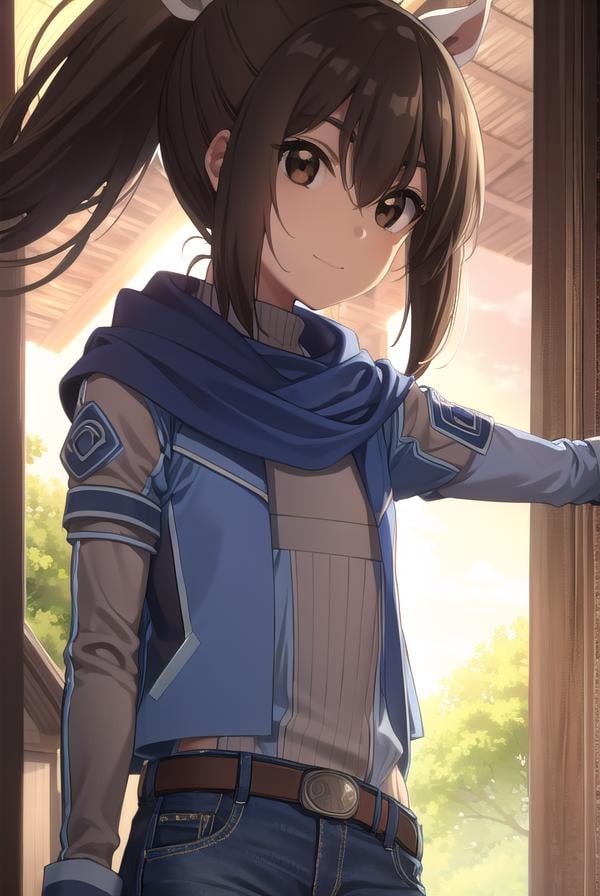 bofurisally, <lora:bofuri sally s2-lora-nochekaiser:1>, sally, long hair, brown hair, (brown eyes:1.5), ribbon, hair ribbon, ponytail, smile,BREAK gloves, shorts, scarf, blue scarf, shirt, white shirt, puffy sleeves, long sleeves, belt, denim shorts,BREAK outdoors, nature, forest, sun, sky, clouds, trees, grass,BREAK looking at viewer,BREAK <lyco:GoodHands-beta2:1>, (masterpiece:1.2), best quality, high resolution, unity 8k wallpaper, (illustration:0.8), (beautiful detailed eyes:1.6), extremely detailed face, perfect lighting, extremely detailed CG, (perfect hands, perfect anatomy),