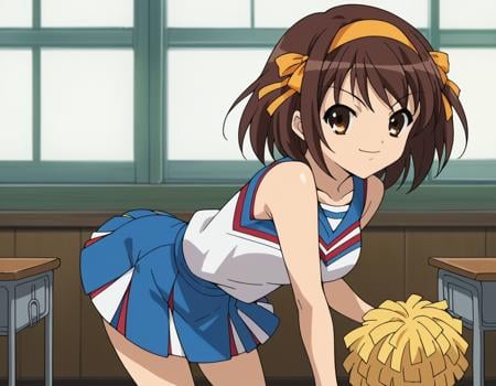 score_9, score_8_up, score_7_up, source_anime,haruhisuzumiya,  <lora:haruhi-suzumiya-s1-ponyxl-lora-nochekaiser:1>,haruhi suzumiya, short hair, brown hair, brown eyes, hairband, medium hair, ribbon, hair ribbon,skirt, pleated skirt, blue skirt, cheerleader, pom pom \(cheerleading\), sleeveless,indoors, classroom, bent over, smile,looking at viewer, cowboy shot, solo,