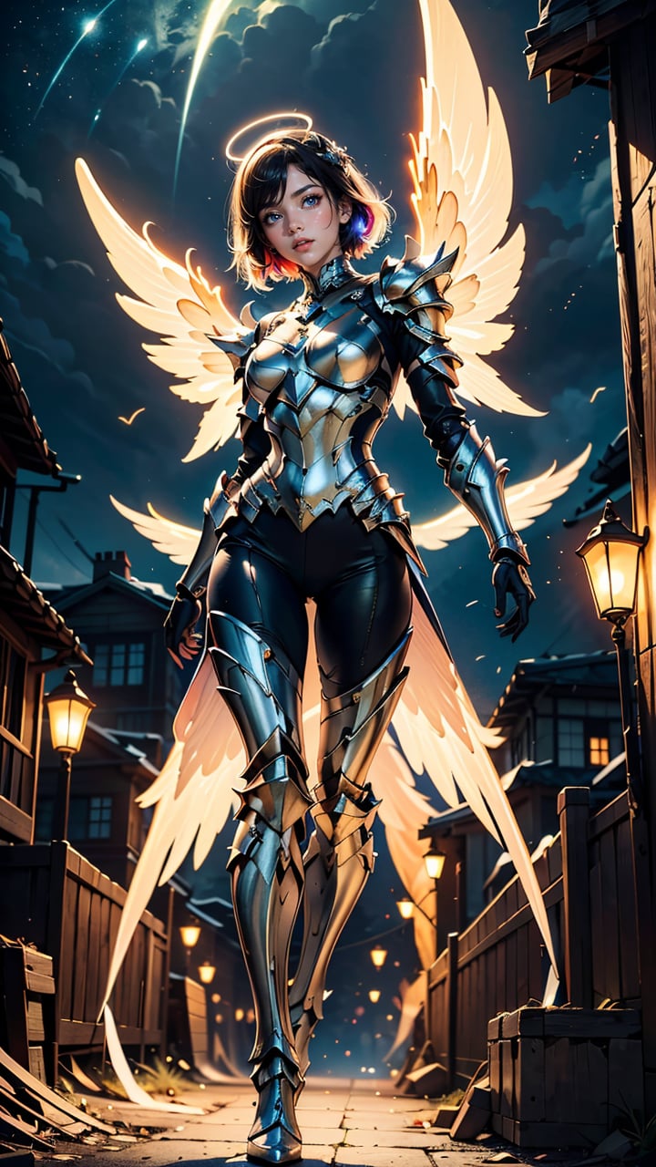 (best quality, masterpiece, colorful, dynamic angle, highest detailed) full body photo, fashion photography of cute mechangel, glowing 4 wings, solo, glowing armor, glowing halo, building, glowing mechanical 4 wings light passing through hair, (official art)