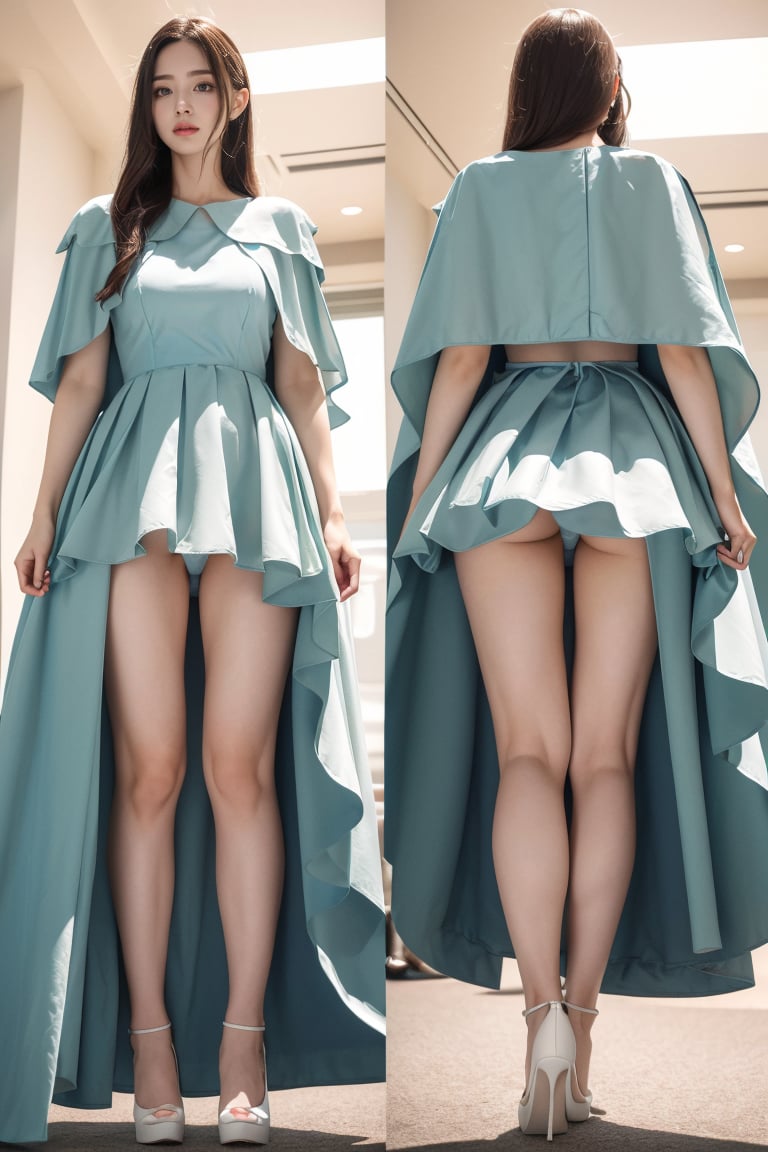 (masterpiece, best quality, 8k, RAW photo, beautiful and aesthetic:1.2),  complex detail, Indirect light, photorealistic,full body,Cape wedding dress,<lora:PUNs001-10:1>, woman , under skirt, multiple_views,    