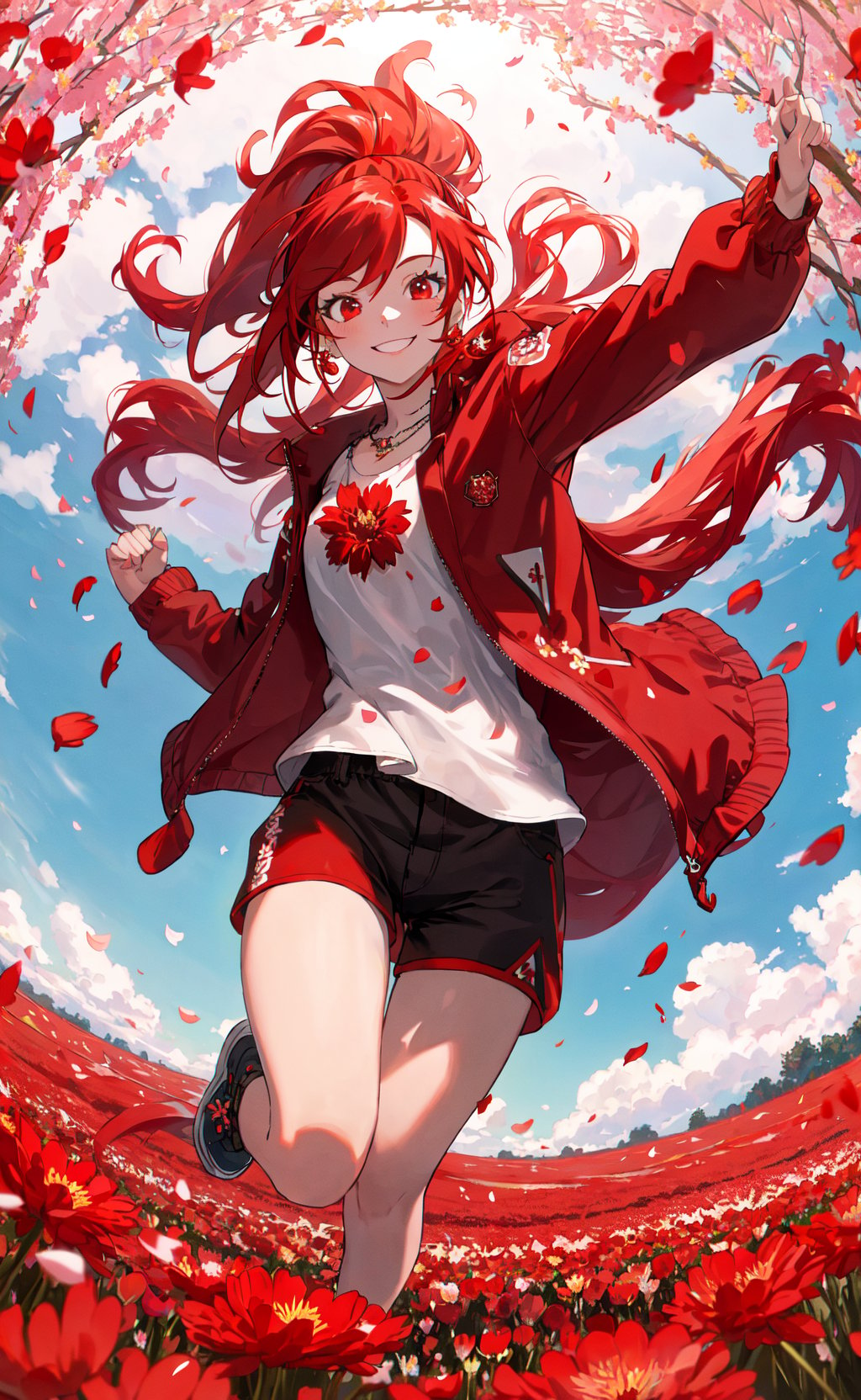 fisheye lens, masterpiece, best quality, 1girl, jumping in a field of red flowers, (petals:1.2), red ponytail, long hair, oversized track jacket, shorts, jewelry, smile, sky