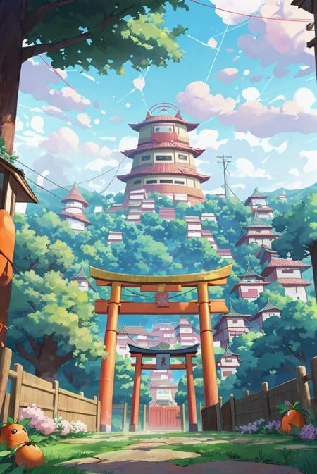 photography, konohavillage konoha gate walls, dawn, torii, dim light, orang red, house, ramen, cable, tree, hokage at mountain, flower, at dawn, zebra cross, cloudy sky, cloud, pastel color, <lora:ARWKonohaVillage:1>