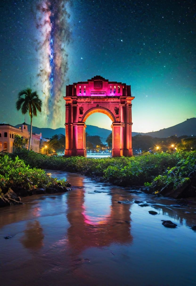 arco del triunfo de san juan "Picture a breathtaking vista where, amidst the neon-lit skyline and cascading waters of the San Juan Triumphal Arch, the night sky is adorned with the mesmerizing presence of distant exoplanets. These celestial bodies, glowing softly against the dark canvas of space, add an otherworldly dimension to the cyberpunk cityscape. Glimpses of alien worlds can be seen scattered across the sky, each one a unique and mysterious jewel suspended in the void. Some exoplanets are ringed with vibrant bands of color, while others shimmer with the faint light of distant stars. Their presence serves as a reminder of the vastness of the universe and humanity's boundless curiosity about what lies beyond our own planet. As the city hums with activity below, the exoplanets above provide a sense of wonder and awe, inviting viewers to ponder the mysteries of the cosmos. Against the backdrop of technological marvels and artificial lights, the celestial display offers a glimpse into the infinite possibilities of the universe, reminding us of our place in the grand tapestry of space and time."