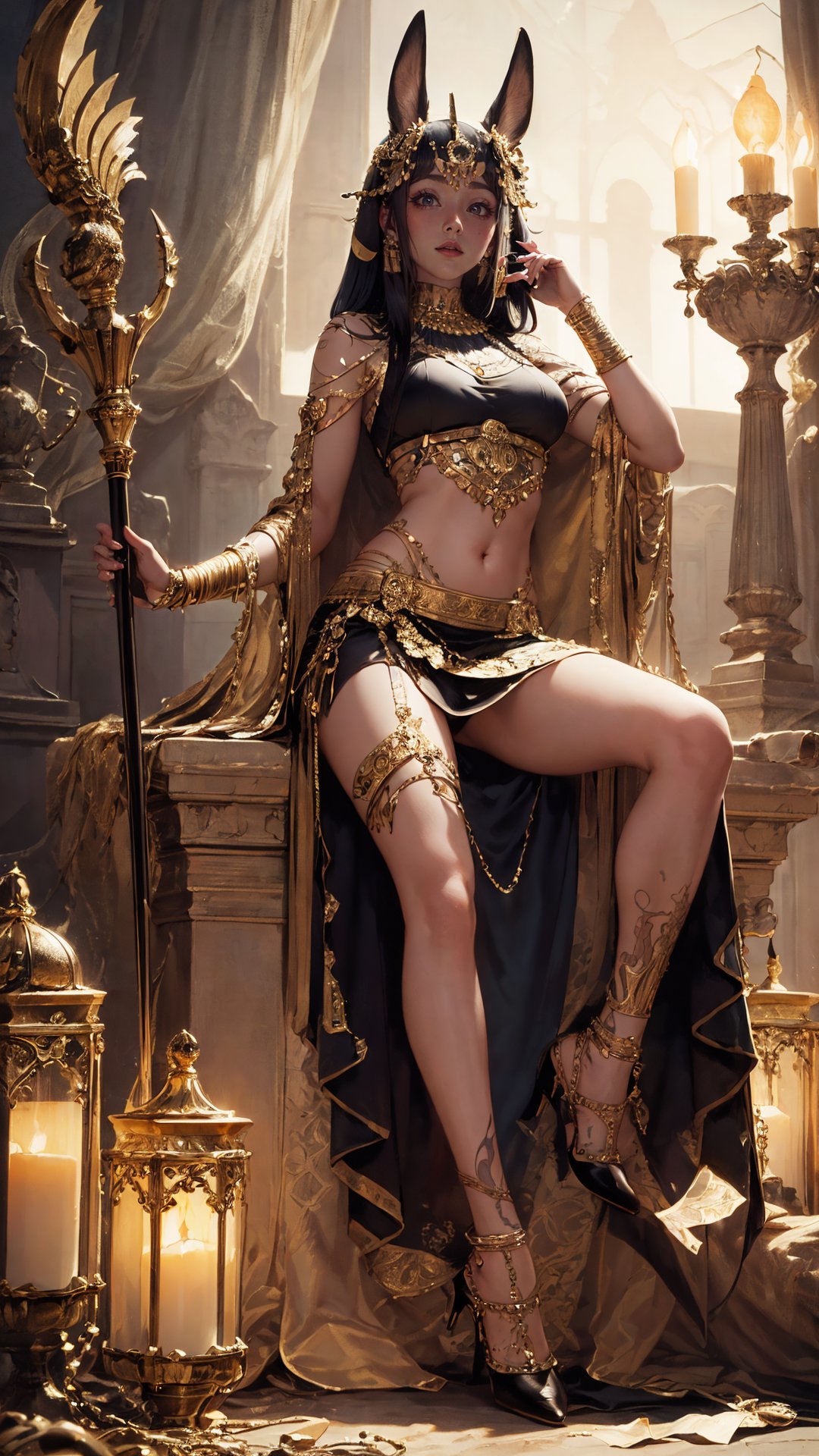 tutututu, high heels, full body, (masterpiece, top quality, best quality, official art, beautiful and aesthetic:1.3), (1girl:1.3), extreme detailed, colorful, highest detailed,((ultra-detailed)), (highly detailed CG illustration), ((an extremely delicate and beautiful)), cinematic light, petite, anubis attire, solo, (abstract art:1), full body, moon, night, ((ancient egyptian theme)), (anubis ears), pyramids, staff, (gold), golden ornaments, ((expressionless)), pharao, hierography, portrait, body tattoo, face tattoo, active pose, over head lighting, fangs, glowing eyes, sitting, relics,<lora:tutuhltn_0004:0.65> 