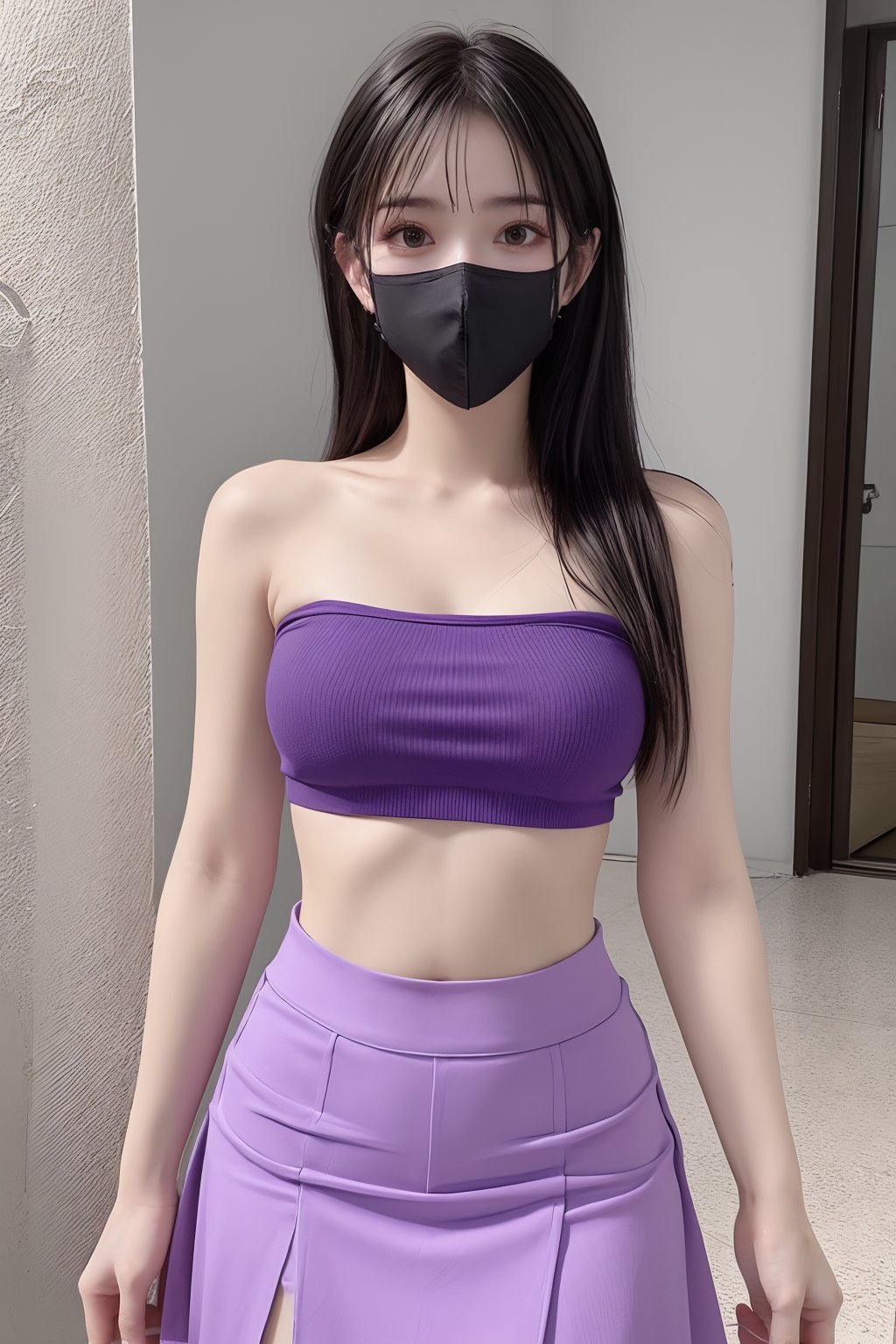 1girl, bangs, bare shoulders, black hair, black skirt, covered mouth, gas mask, long hair, mask, midriff, mouth mask, nail polish, pencil skirt, purple nails, purple skirt, skirt, solo, surgical mask, tape gag  <lora:口罩:0.8>