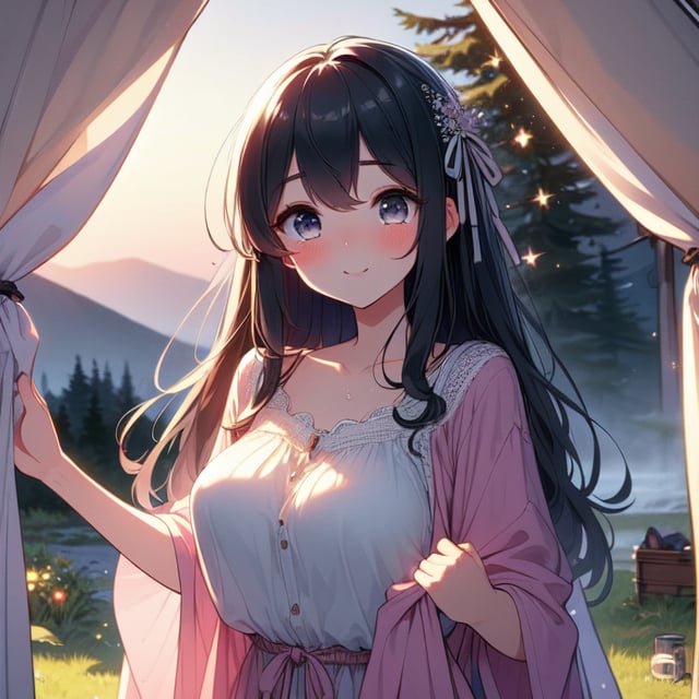 (((masterpiece))),  (((best quality))),  camping tent,  open door curtain,  ((pillow hug)),  frills chiffon pajamas,  bonfire,  star,  ((night)),  big tits,  collarbone,  sweat,  ribbon,  longhair,  smile,  shy,  blush,  grass,  gravel,<lora:EMS-272345-EMS:1.000000>