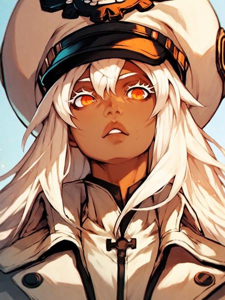 score_9, score_8_up, score_7_up, score_6_up, score_5_up,  <lora:ggsXLP:1> ggs, 1girl, long hair, white hair, orange eyes, tan skin, hat, 