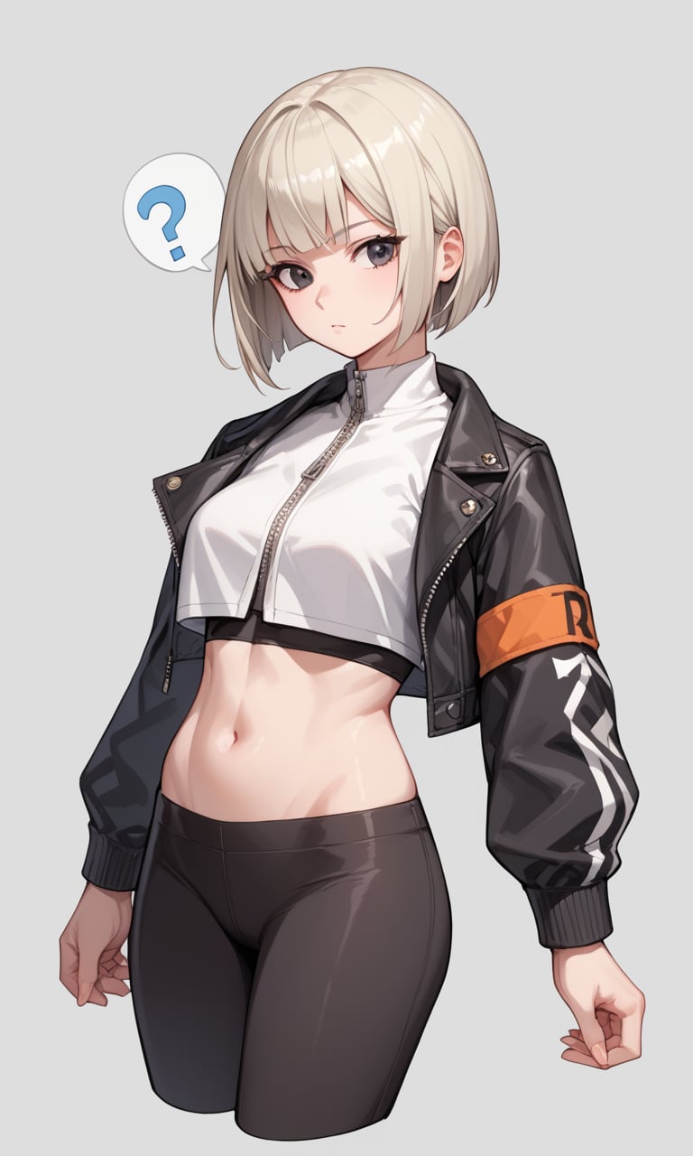 score_9, score_8_up, score_7_up, score_6_up, score_5_up, score_4_up, source_anime, BREAK, 1lady,solo,leggings,cropped top,jacket,platinum blonde,bob cut,cowboy shot,black eyes,a hovering question mark