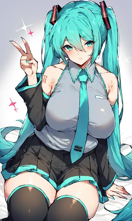 <lora:thirtyeightPony:1> wral artstyle, score_9, score_8_up, score_7_up, score_6_up, score_5_up, score_4_up, source_anime, rating_safe, (mature female:1.2), 1girl, solo, hatsune miku, twintails, long hair, detached sleeves, necktie, skirt, thighhighs, v, aqua eyes, aqua hair, white background, shirt, very long hair, sparkle, sitting, looking at viewer, black skirt, black thighhighs, sleeveless, blush, simple background, sleeveless shirt, tattoo, bare shoulders, aqua necktie, pleated skirt, hair ornament, grey shirt, black sleeves, zettai ryouiki, hand up, miniskirt, bangs, closed mouth, feet out of frame