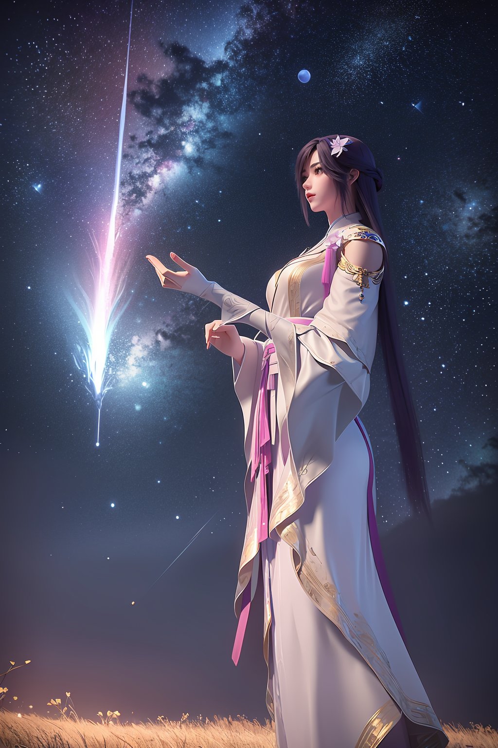 wanmei,yunxi,hanfu,1girl,solo,full body,best quality,masterpiece,HDR,UHD,8K,best quality,absurdres,masterpiece,Highly detailed,ultra-fine painting,front view,Photographic,<lora:yunxi_3_v1:0.8>,meteor shower,