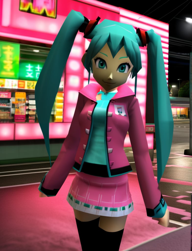 n64style, portrait of hatsune miku in a pink jacket and miniskirt in front of a convenience store, twintails, night, neon lights, tokyo, n64, 3d, low poly, ((ocarinaoftime)) <lora:out:1>