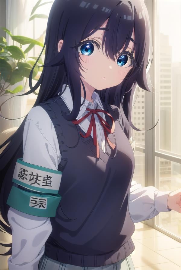 shizukayoshimoto, <lora:shizuka yoshimoto s1-lora-nochekaiser:1>,shizuka yoshimoto, long hair, bangs, blue eyes, black hair, hair between eyes, wavy hair,BREAK skirt, shirt, ribbon, school uniform, white shirt, pleated skirt, red ribbon, neck ribbon, armband, sweater vest,BREAK indoors, classroom,BREAK looking at viewer, (cowboy shot:1.5),BREAK <lyco:GoodHands-beta2:1>, (masterpiece:1.2), best quality, high resolution, unity 8k wallpaper, (illustration:0.8), (beautiful detailed eyes:1.6), extremely detailed face, perfect lighting, extremely detailed CG, (perfect hands, perfect anatomy),