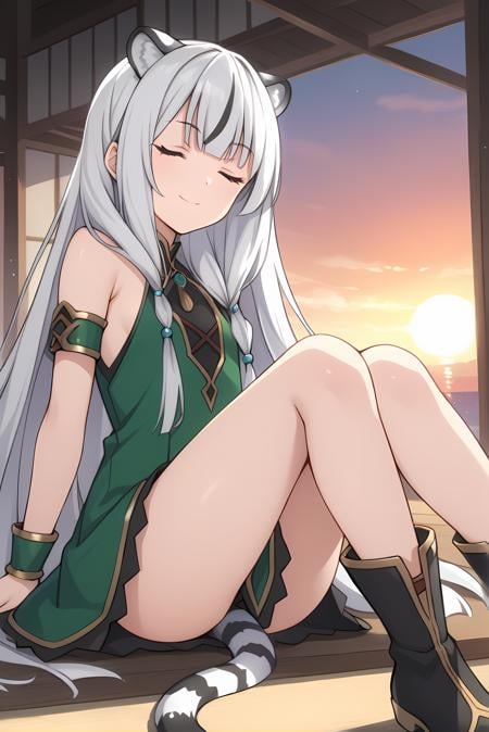 (green dress black boots), tny-atla, tiger tail, tiger ears, white hair, long hair, green armlets, 1girl, solo, skinny, feet, score_9, score_8, score_7, source_anime, light smile, sunset, (1.3::full body|sitting|standing|lying|0.6::close-up| :1.20), closed eyes <lora:tny-atla-V01-000004:0.60>