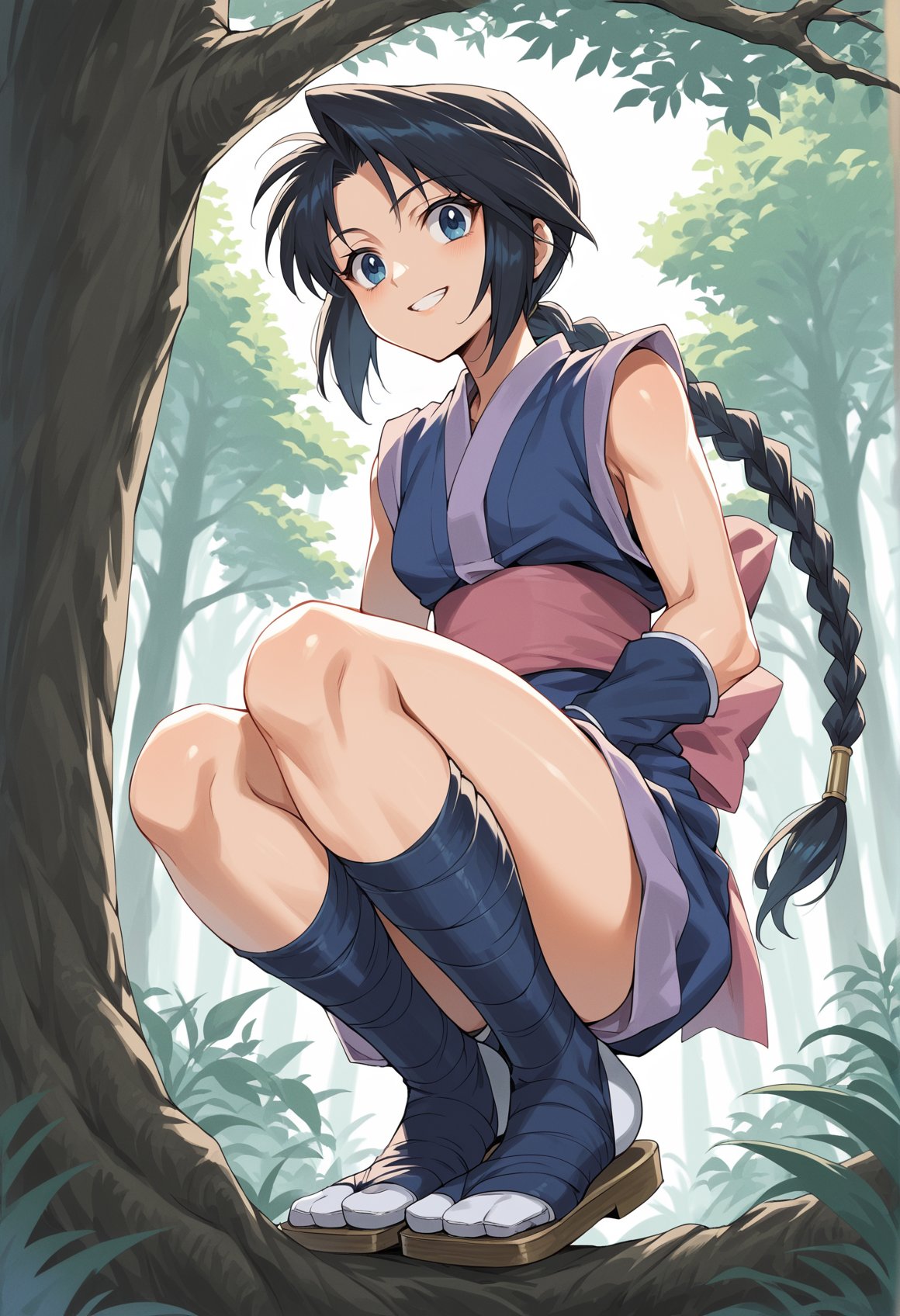 1girl, long hair, black hair, blue eyes, braid, ninja, sleeveless, obi, ribbon, shorts, arm warmers, leg wrap, tabi, sandals, squatting, forest, oudtoors, (tree, branch), looking to the viewer, from below, smile <lora:Misao:1>, score_9, score_8_up, score_7_up, score_6_up, score_5_up, score_4_up, BREAK source_anime, masterpiece