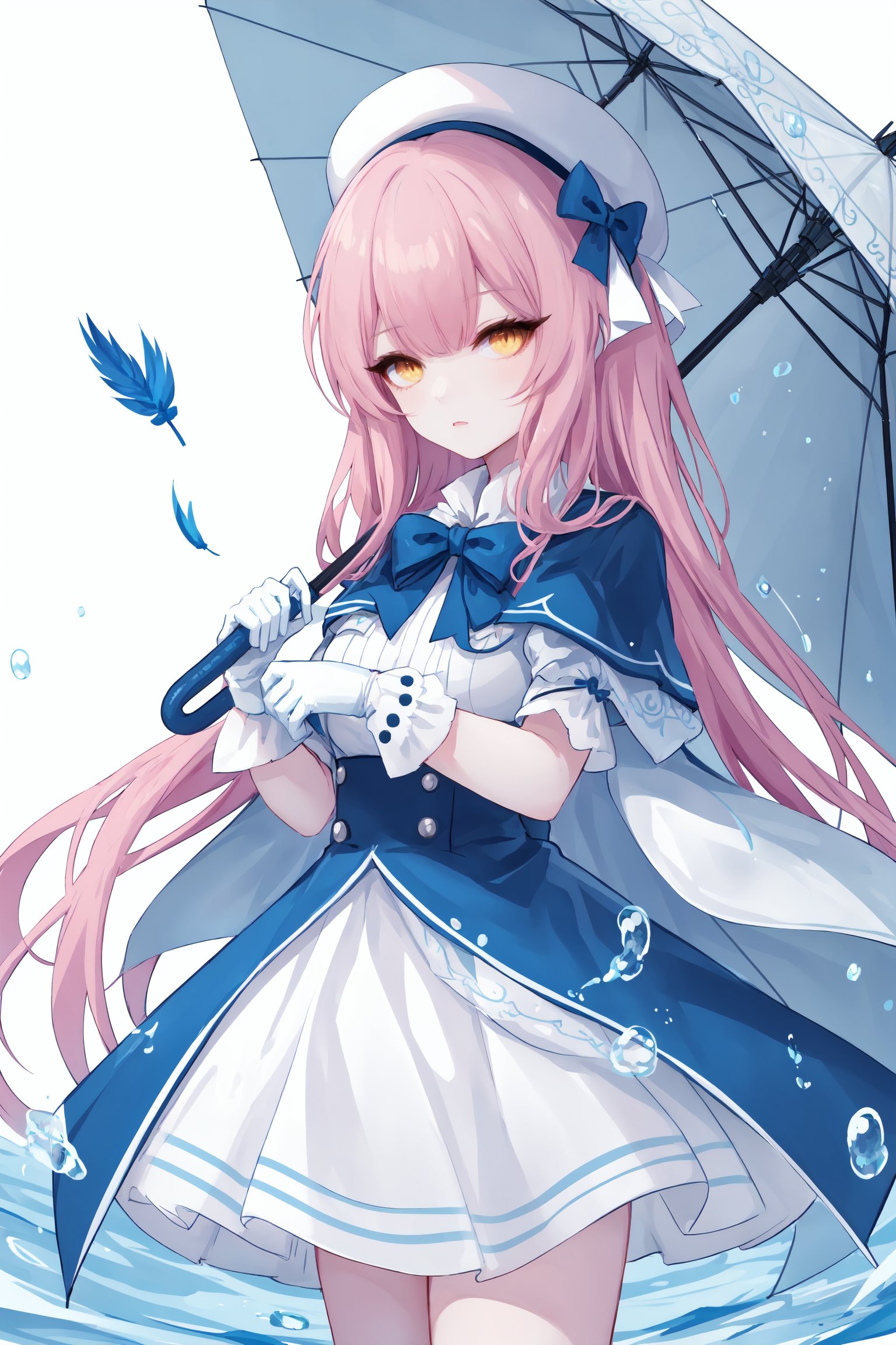 1girl, solo, long hair, bow, hat, white gloves, gloves, white headwear, umbrella, bangs, pink hair, white shirt, white background, hat bow, shirt, very long hair, blue skirt, white umbrella, puffy sleeves, holding, black bow, blue bow, holding umbrella, capelet, standing, skirt, brown eyes, blue feathers, white capelet, blue dress, simple background, yellow eyes, water, she style, ths97f, 65setutyh4, ae45ngol4