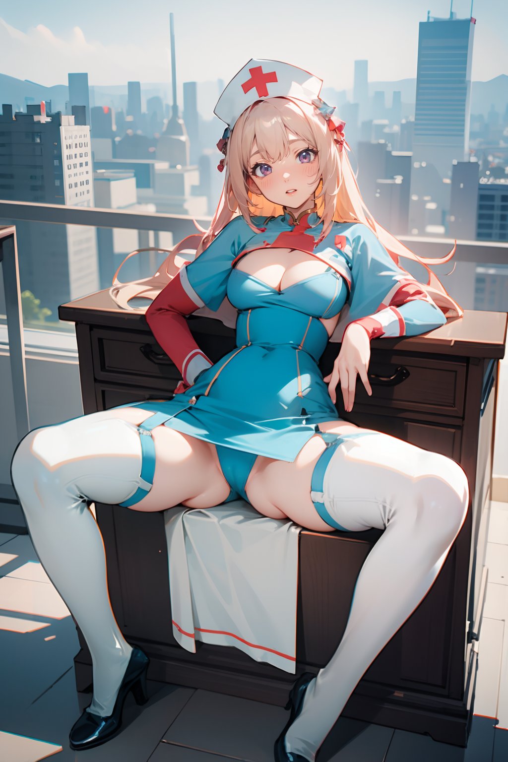 <lora:GoodHands-手beta2:1>,solo,1girl,outdoors,cityscape,<lora:0401 Cling To Latex_v1:0.9>,ruanyi0401,nurse cap,full body,short dress,blue dress,garter straps,white thighhighs,cleavage cutout,((spread legs)),capelet,blonde hair,very long hair,sitting on desk,, best quality,masterpiece,highres,official art,extremely detailed cg unity 8k wallpaper