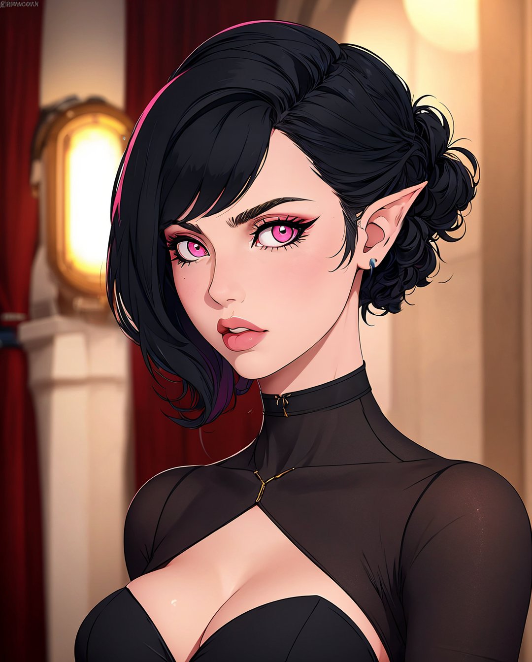 1 girl, adult (elven:0.7) woman,  pink eyes, black spiky hair,, prom hairstyle, bioshock 