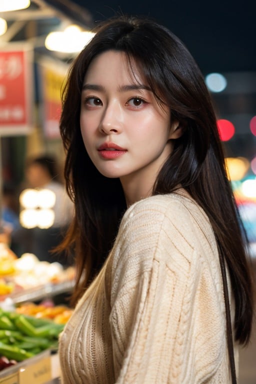 masterpiece, best quality, ultra-detailed, ultra high res, (photorealistic:1.4), raw photo, (realistic:0.2), 8k HDR, realistic cool temperature lighting, 1girl, solo, asymmetrical hair, outdoor, (traditional market:1.2), bokeh, (detailed lips), (detailed pores), (detailed skin textures), (detailed face:1.2), (body:1.2), a woman in a cardigan, promotional image, a character portrait,