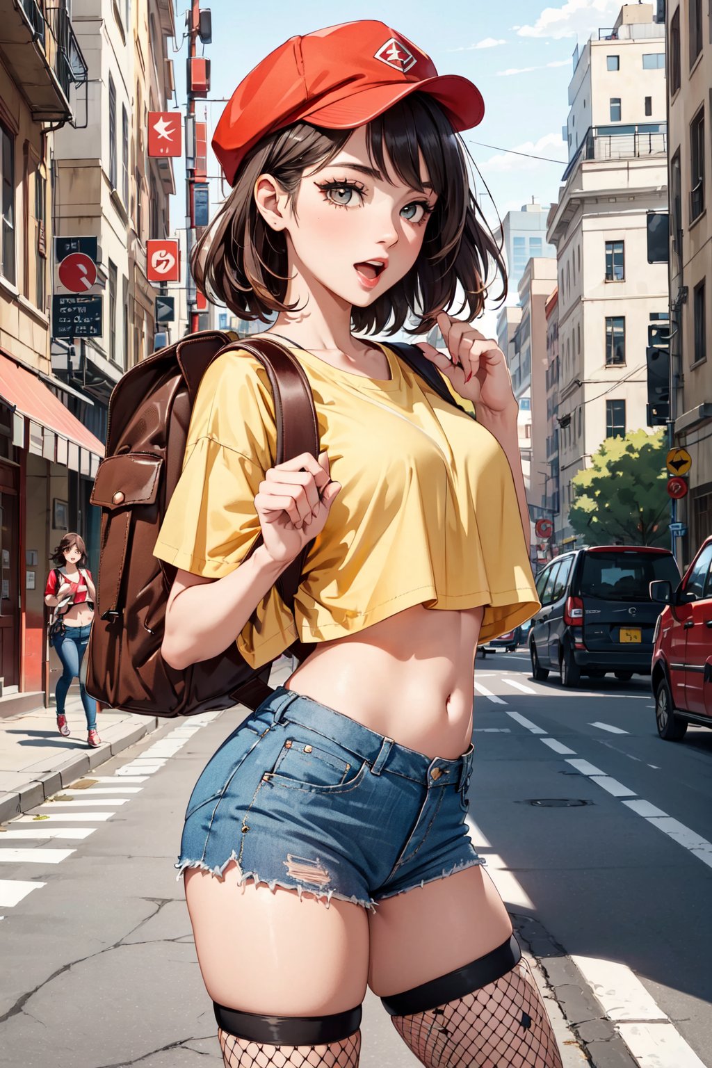 (masterpiece, best quality, hires, high resolution:1.2), (1girl, solo), (mature woman), (a sexy delivery woman), (delivery:1.4), (expressive eyes, eyeleshes, eyeliner, eyeshadow), (midriff, navel), (red cap), (yellow shirt), (short jens shorts), (fishnet stockings), happy, open mouth, (square backpack:1.4), (big square red backpack on her back), (store on background, city, streets), (cowboy shot),