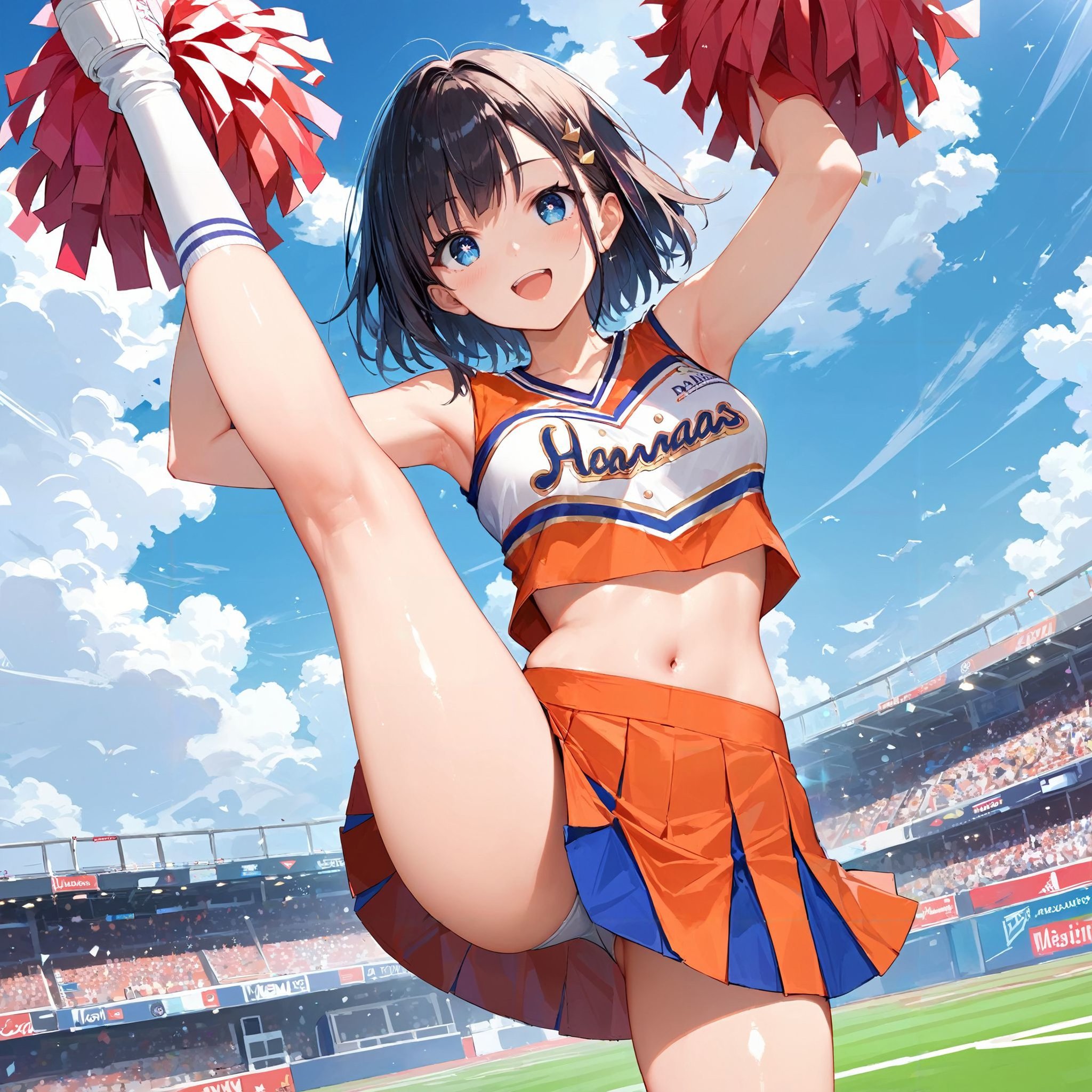 score_9, score_8_up, score_7_up,source_anime, high res image,masterpiece,best quality,girl,cute face,clear skin,shiny hair,ultra detailed eyes <lora:cheerleader_pony_V1.0:1> jyojifuku, cheerleader, pom pom \(cheerleading\),leg up