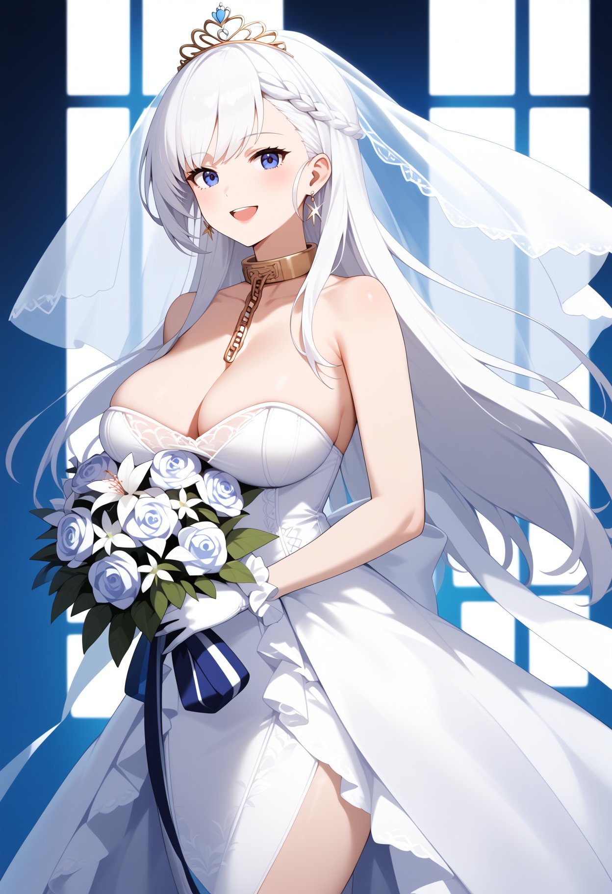 score_9, score_8_up, score_7_up, score_6_up, score_5_up, score_4_up, source_anime, aabelfast, long hair, french braid, tiara, bridal veil, earrings, metal collar, gold chain, cleavage, collarbone, bare shoulders, strapless, wedding dress, white dress, white gloves, <lora:belfast_(azur_lane)_ponyxl_1:0.9>, standing, cowboy shot, smile, open mouth, holding bouquet, 