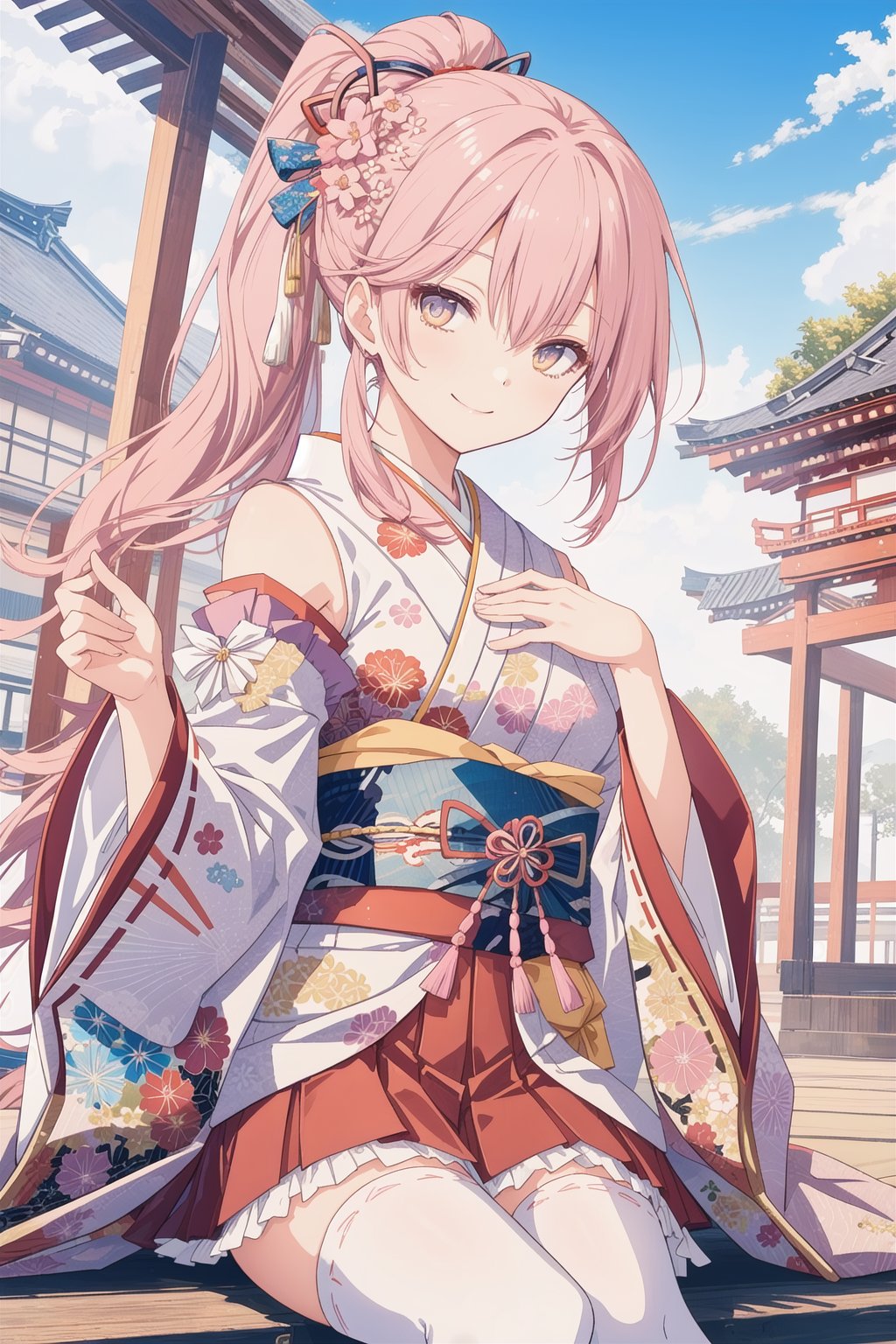 pixai,  intricate details, highres, best quality, HDR,dynamic pose,<lora:add_detail:0.1> ,<lora:outline:-0.1>,outdoor,cowboy shot,smile,(Posing as if hugging a friend),(hand on own knee:1.2),BREAK,ponytail hair,pink  hair,orange color  eyes,(medium breasts:1.1), <lora:cute_kimono_N_V1_1-000010:0.7>,frills, japanese clothes, hair flower,wide sleeves, kimono, white thighhighs, zettai ryouiki, floral print, skirt,detached sleeves, 