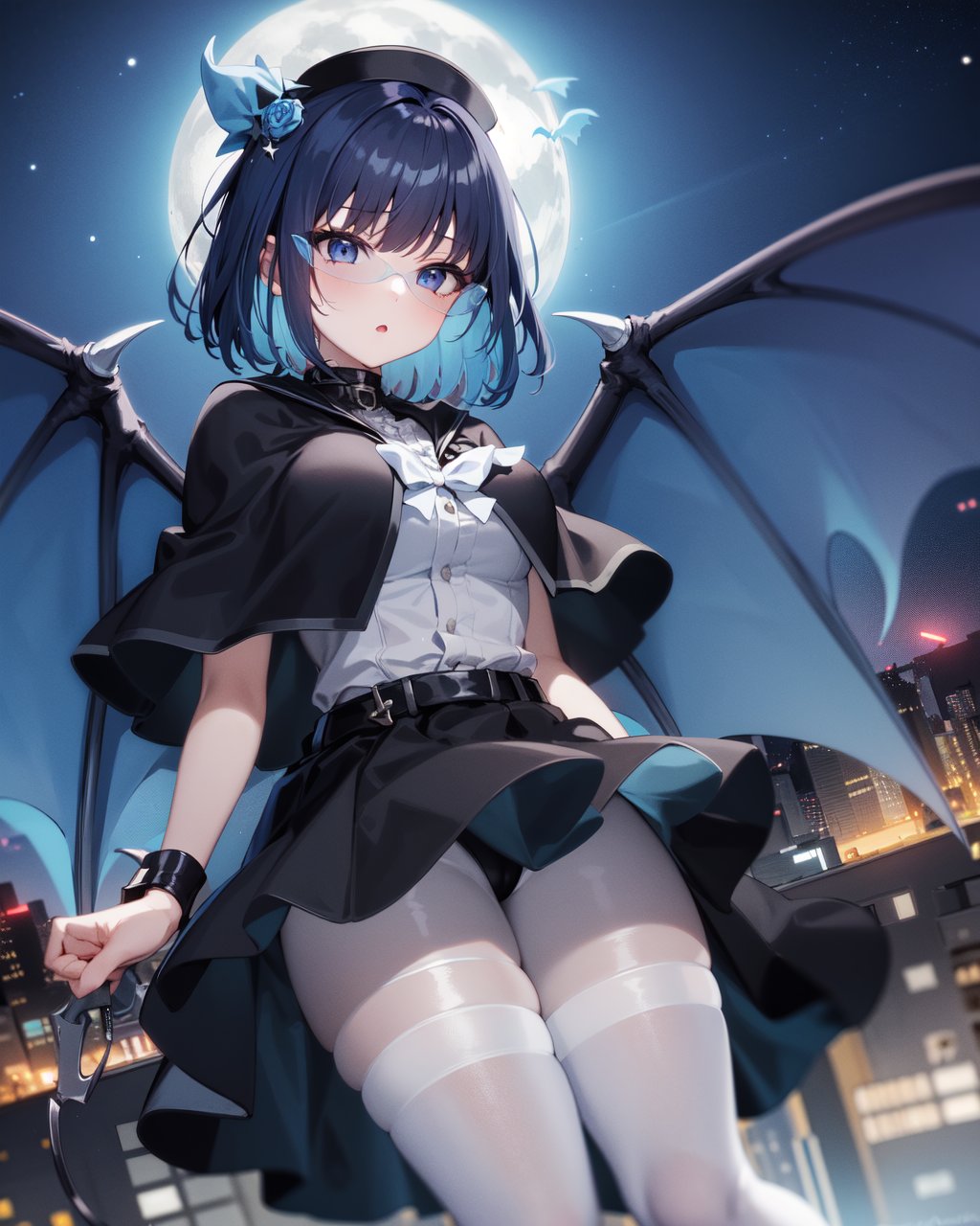 1girl, lillaevil, blue hair, blue eyes, short hair, black capelet, skirt, white pantyhose, blue demon wings, blue-tinted eyewear, mini hat,outdoors, city, night sky, blue ambient lighting, cyberpunk, moon,<lora:lillav3:1>