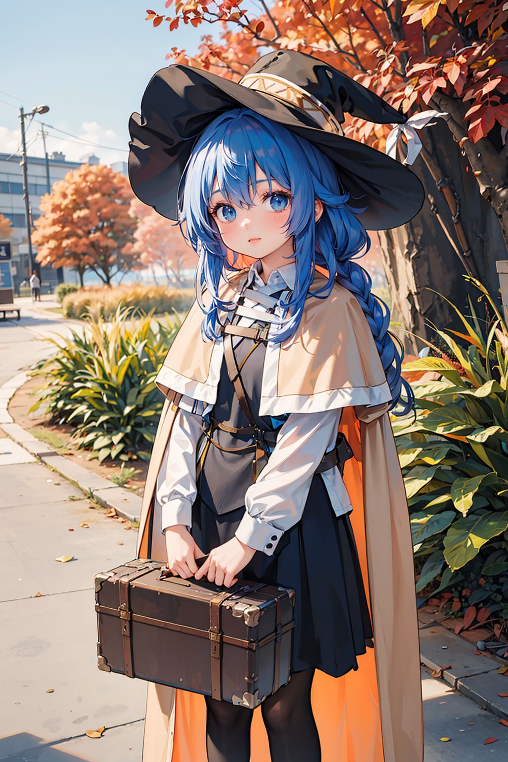 best quality,masterpiece,1girl,roxy migurdia,solo,long hair,looking at viewer,hat,holding,bangs,blue hair,skirt,blue eyes,outdoors,cape,plant,autumn,suitcase,black skirt,photo background,brown cape,