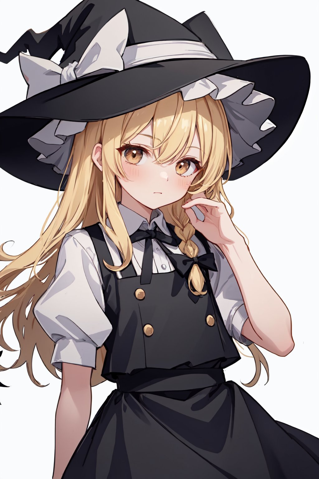 kirisame_marisa,witch_hat,waist_apron,puffy_short_sleeves,single_braid,hair_bow,black_skirt,frills,black_vest,white_shirt,black_headwear,solo,looking_at_viewer,hat_bow,blush,1girl,white_bow<lora:kirisame_marisa:1>,simple background,white backgroundmasterpiece,best quality, highly detailed, 