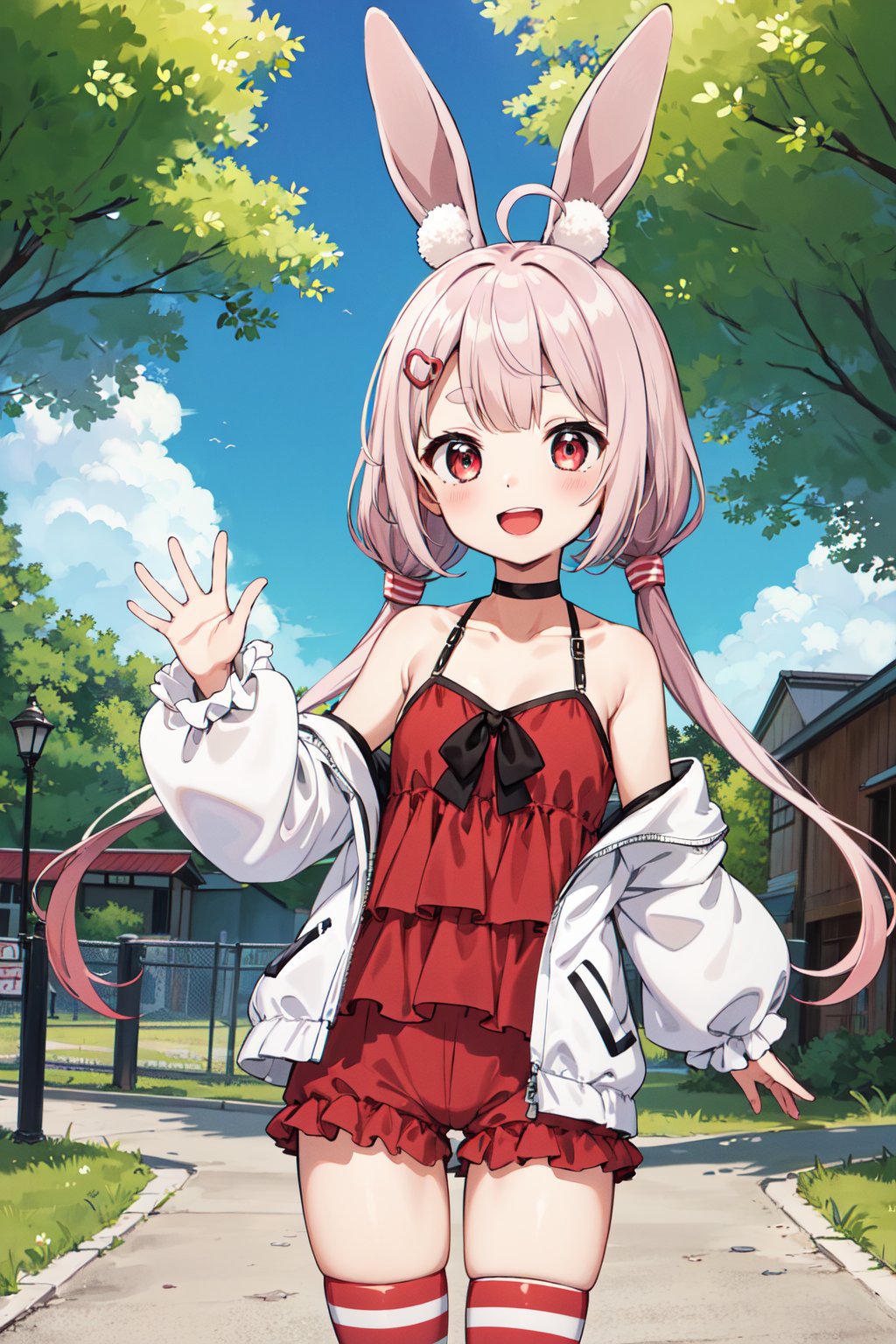 masterpiece, best quality, highres, bbtomari, long hair, low twintails, ahoge, rabbit ears, animal ear fluff, hairclip, choker, camisole, off shoulder, white jacket, red shorts, striped thighhighs, <lora:tomari_mari_v1:0.7>, outdoors, standing, cowboy shot, smile, open mouth, waving