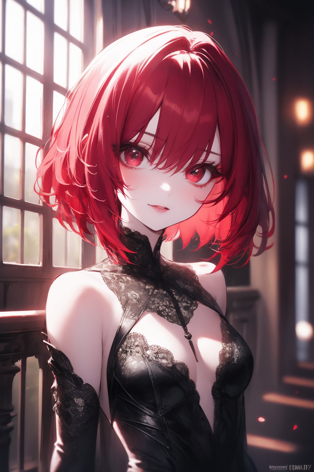 absurdres, elaborate, hyper quality, hyper detailed, 1 beautiful girl, solo, red hair, short mash hair, large eyes, detailed beautiful eyes, luminous red eyes, small breasts, white skin,