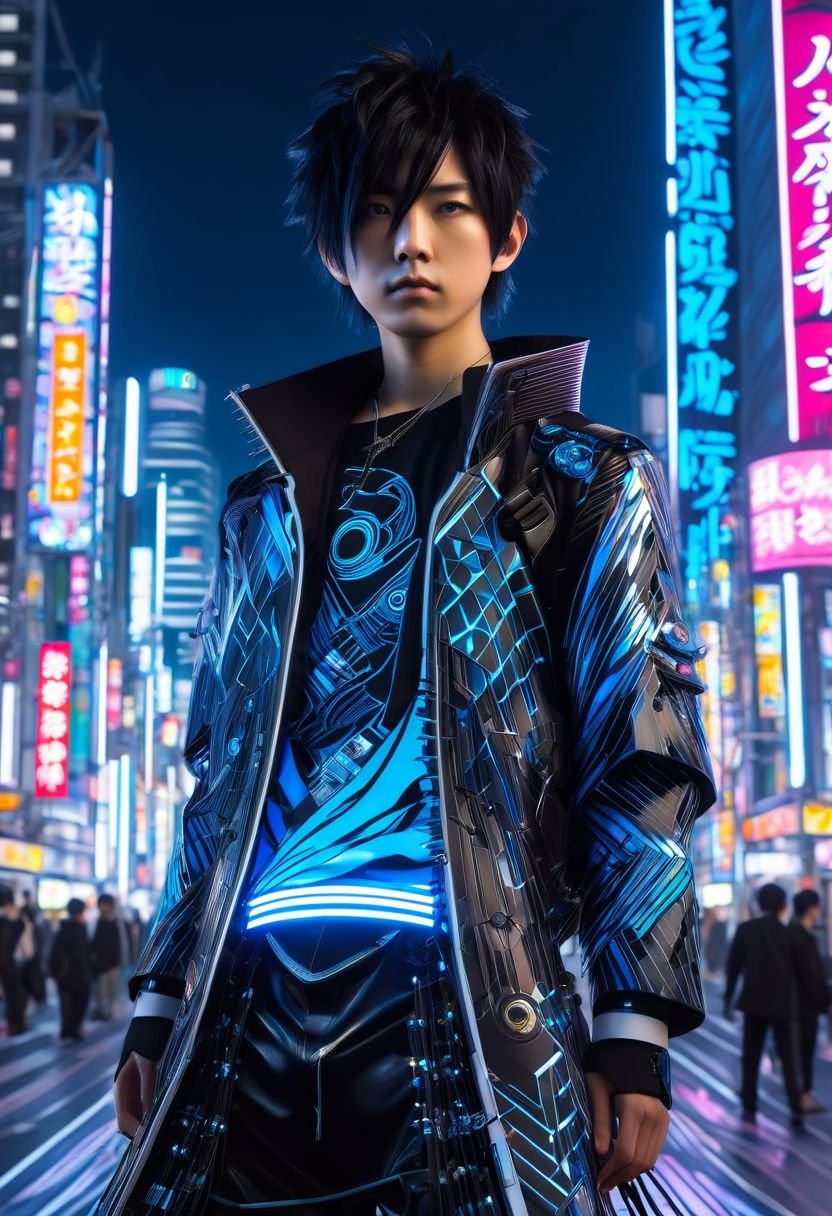 (high quality), (masterpiece), (detailed), 8K, Hyper-realistic illustration depicts (Japanese boy1.3) with striking (blue eyes1.2) and spiky (black hair1.2), donning futuristic (fantasy clothes1.2) infused with traditional (Japan culture1.2) elements, set against a backdrop of (neon-lit cityscape1.2) with towering skyscrapers and holographic advertisements, in style of Takashi Murakami, trending on Artstation.