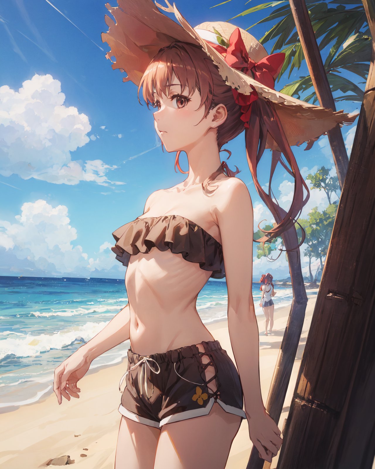 <lora:Kuroko-000003:0.8>,Kuroko CYQL,1girl,looking at viewer,solo,long hair,twintails,brown hair,brown eyes,bow,hair bow,wavy hair,(Strapless_bikini_top:1.5),(High-waisted_shorts:1.4),(Straw_hat:1.3),(Beach_resort_background:1.4),(laughing:1.2),(profile:1.1),front view,Olive trees, Terracotta pots, Spanish villa, Olive harvest, Mediterranean landscape, Siesta time,beautiful detailed sky,beautiful detailed glow,posing in front of a colorful and dynamic background,masterpiece,best quality,beautiful and aesthetic,contrapposto,female focus,wallpaper,<lora:增强减少细节add_detail:0.4>,