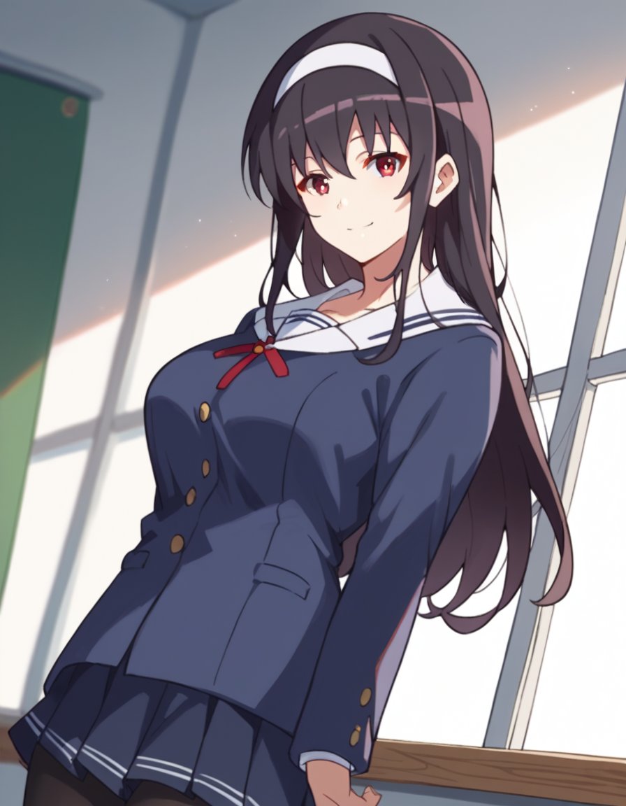 score_9, score_8_up, score_7_up, source_anime, <lora:utaha-kasumigaoka-s2-ponyxl-lora-nochekaiser:1>, utaha kasumigaoka, black hair, hairband, long hair, red eyes, large breasts,, long sleeves, school uniform, skirt, pantyhose,, indoors, smile, looking at viewer, solo,, cowboy shot, dutch angle