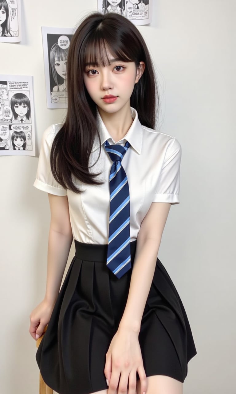 This is a real high-definition photo,This is a clear mobile selfie photo with a daily style. In the picture, there is a woman wearing a white short-sleeved shirt and a black pleated skirt, with a blue and white striped tie. She has long black hair, sitting on a wooden chair with her hands resting on her knees, facing the camera, and her eyes are looking at the camera. She appears to be around 20 years old, slim, and her expression is calm. Her outfit consists of a white short-sleeved shirt, a blue and white striped tie, and a black pleated skirt. Her hair is flowing freely without bangs. The background is a white wall, hanging some black and white comics.