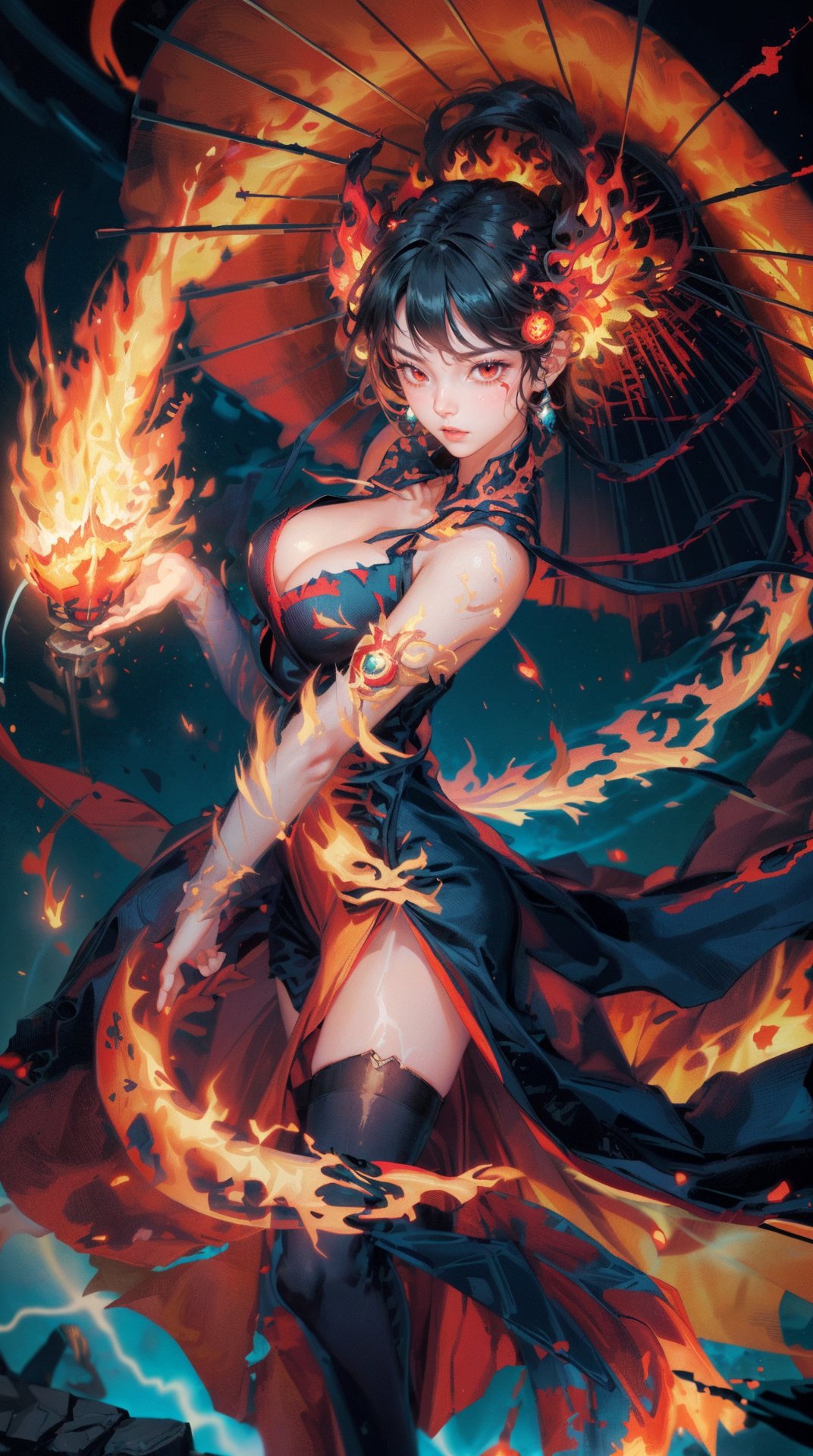 1girl black hair blue fire breasts breathing fire burning cleavage dress energy explosion fire fish flame flaming sword flaming weapon glowing hair ornament hitodama lantern lightning looking at viewer magic magic circle medium breasts molten rock pyrokinesis short hair spirit splashing thighhighs water 